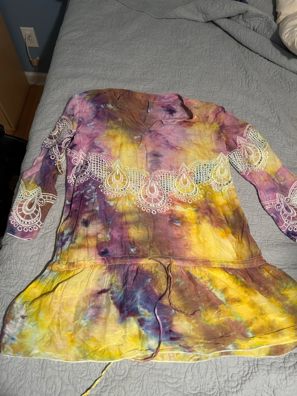 Tie-Dye Embroidered Women’s Swim Coverup - Yellow & Purple
